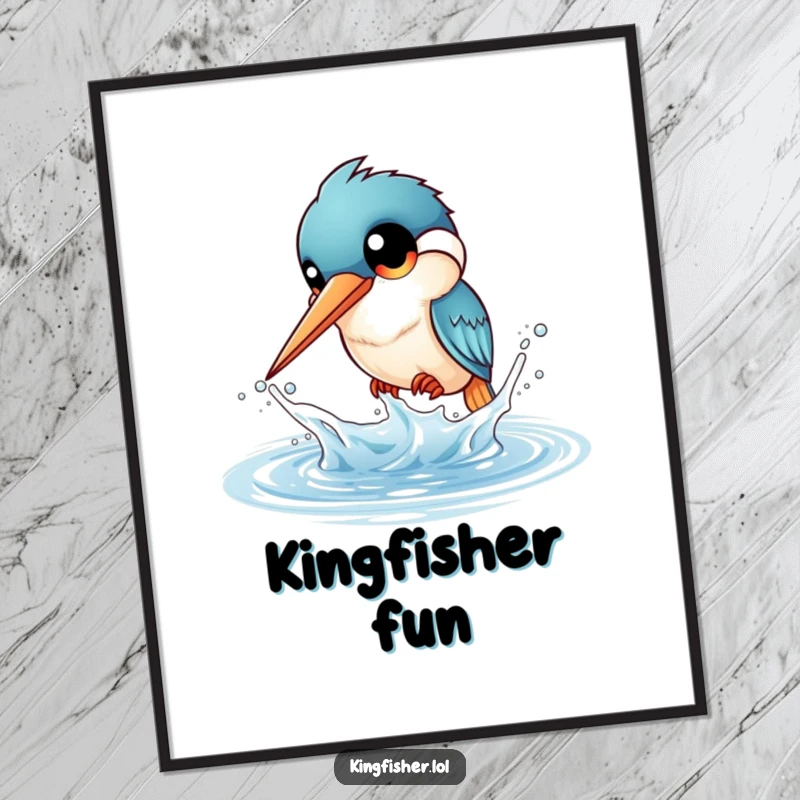 Funny Kingfisher Splash Digital Art Print: A kingfisher with large eyes playfully splashes water. Instant funny decor.