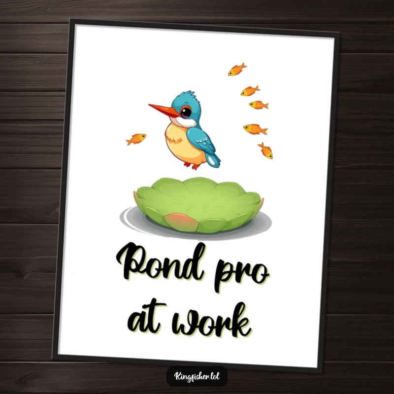 Funny Kingfisher Digital Art Print showing a happy kingfisher balancing on a lily pad and juggling multiple small fish.