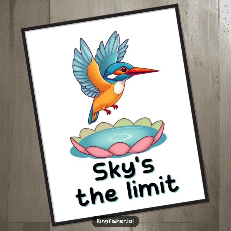 Funny Kingfisher Digital Art: A printable artwork of a kingfisher launching from a lily pad, capturing a funny, majestic moment.