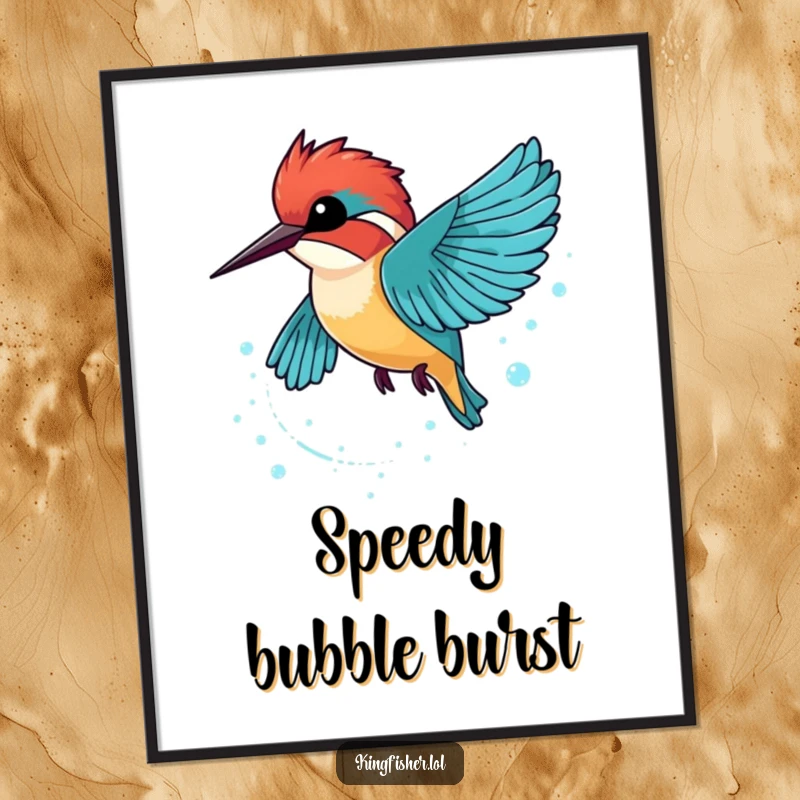 Funny Kingfisher Digital Art Print showing a kingfisher zooming past, leaving a trail of sparkling bubbles.