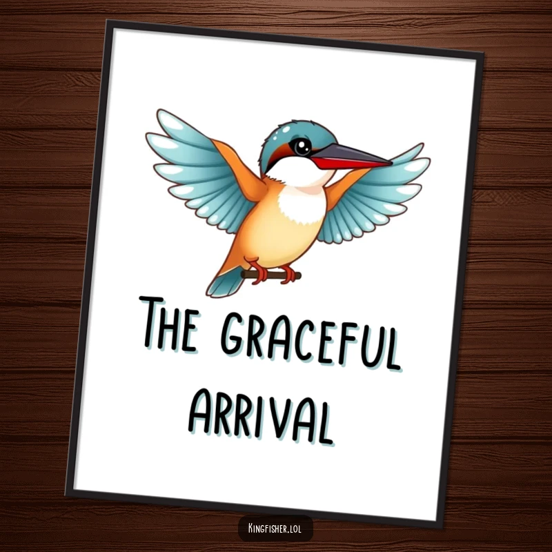 Funny Graceful Kingfisher Digital Art Print: A cute kingfisher bird with outstretched wings preparing for a funny landing.