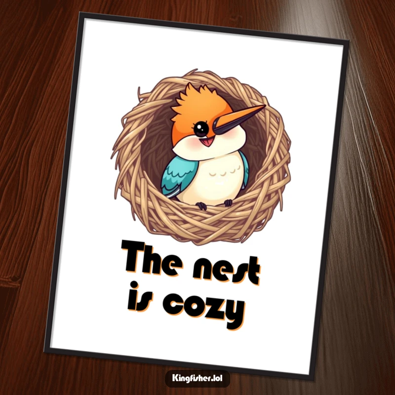 Funny Kingfisher Digital Art: A curious bird with a grin peeking from a woven nest, creating a charming and humorous scene.