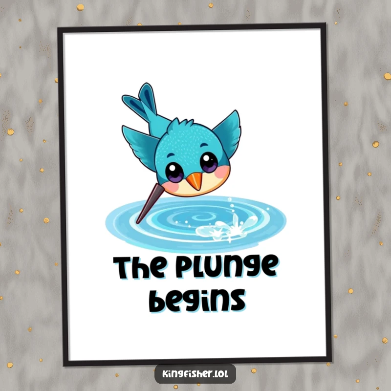 Funny digital art print of a cheerful kingfisher with large eyes, diving headfirst towards a sparkling water surface.