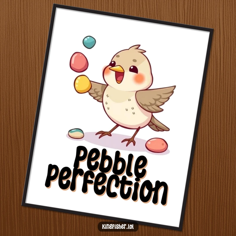 Whimsical Juggling Bird Digital Art: A small bird is shown skillfully juggling three colorful pebbles with its beak.