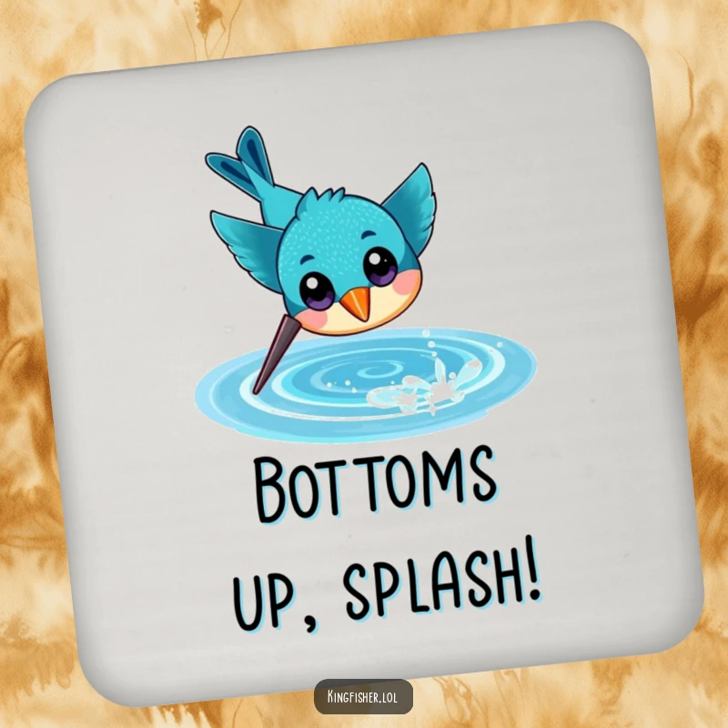 Funny coaster featuring a cheerful kingfisher with large eyes, diving headfirst towards sparkling water, adding aquatic protection.