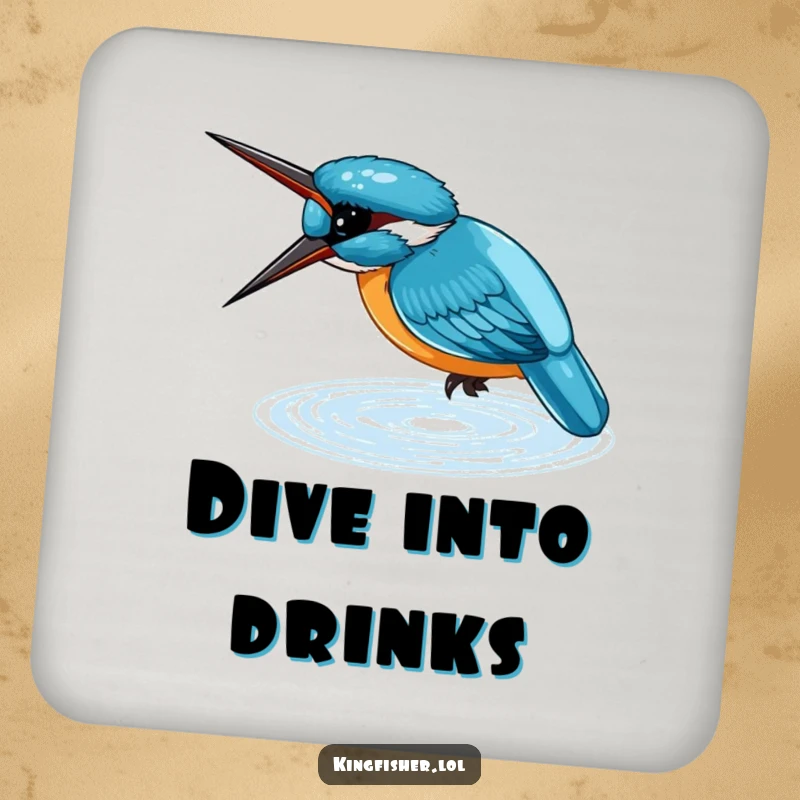 Funny Drink Coasters featuring a small, blue kingfisher diving headfirst into shimmering water, protecting surfaces with natural charm.
