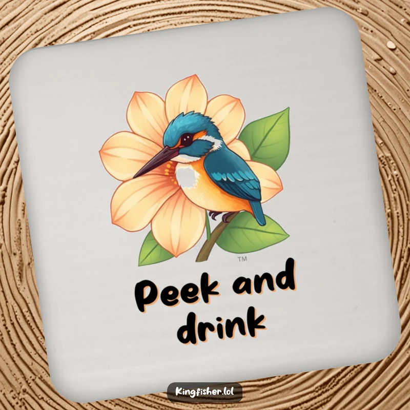 Funny Kingfisher Coaster depicting a curious kingfisher peeking from behind a large, vibrant flower, adding charm.