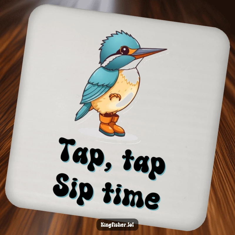 Funny kingfisher in small boots, tapping its foot, on a drink coaster, offering humorous table protection.