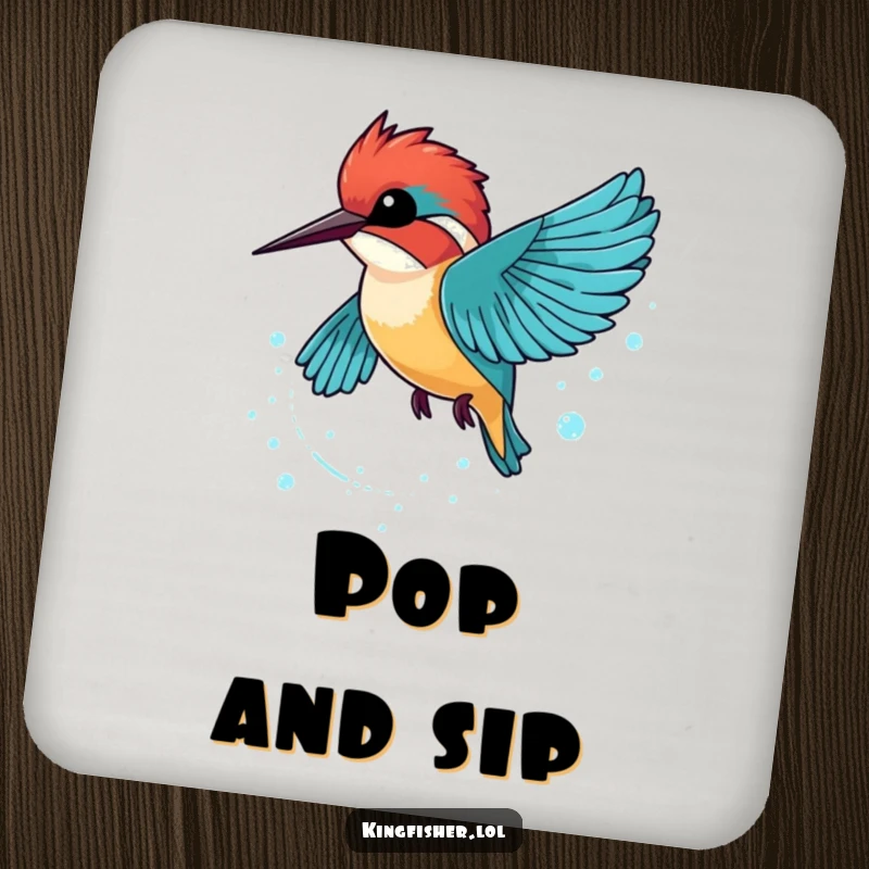 Funny Kingfisher Coaster depicting a kingfisher zooming by, leaving a trail of sparkling bubbles, adding charm.