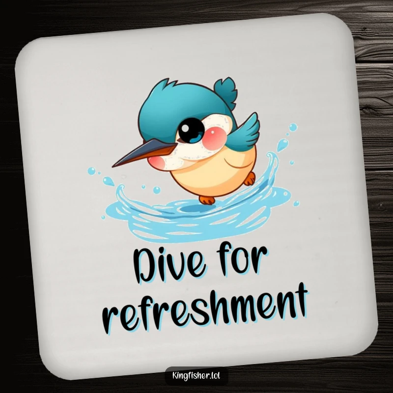 Funny Kingfisher Coaster: A tiny, big-eyed kingfisher bird dives headfirst into sparkling blue water, safeguarding your tables.