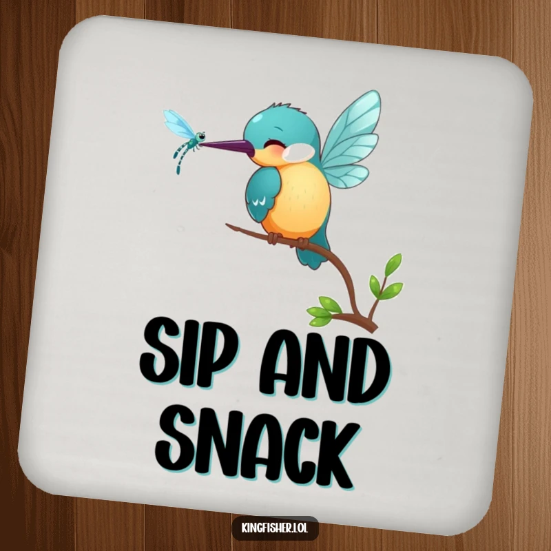 Funny Kingfisher Coaster: A smiling kingfisher bird playfully pecks at a shimmering dragonfly, safeguarding your tables.
