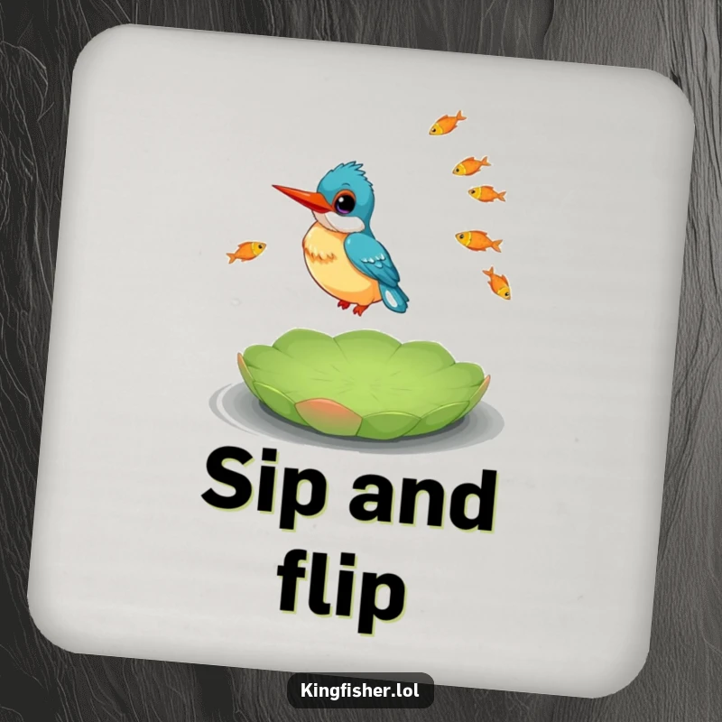 Funny Kingfisher Coaster depicting a happy kingfisher juggling fish on a lily pad, adding a touch of humor.