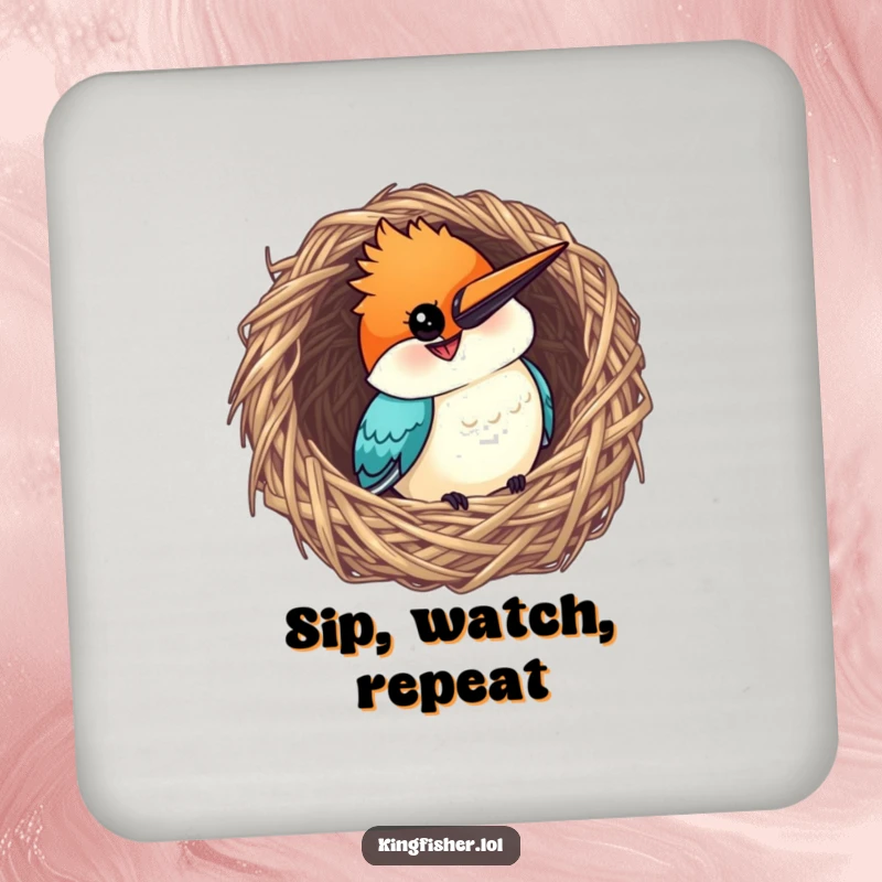 Funny Kingfisher Coaster: A curious bird grinning from a woven nest, protecting surfaces with charm.