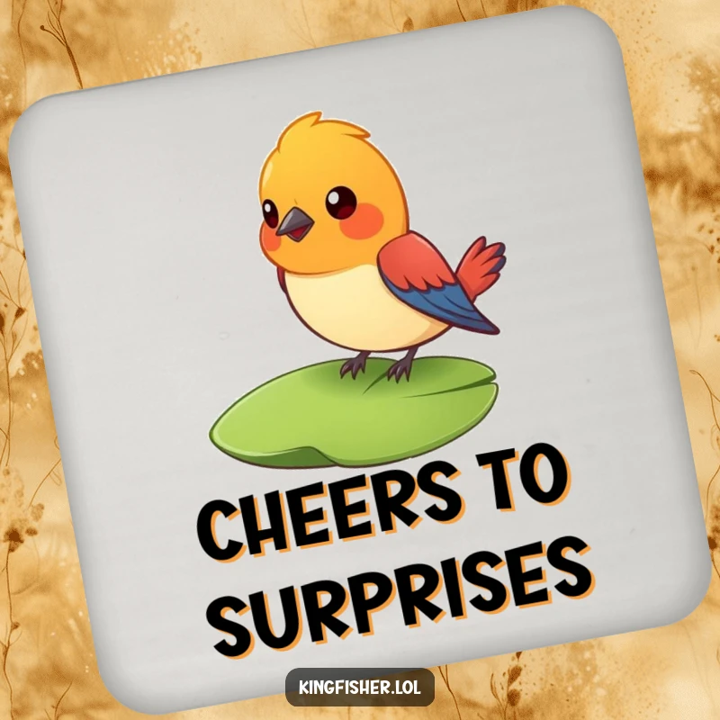 Funny Surprised Bird Coaster Set: A colorful bird looks surprised on a lily pad. Protects surfaces with funny charm.
