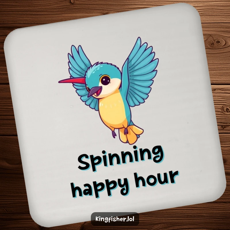 Joyful Kingfisher Cartwheel Coasters: A set featuring a happy kingfisher doing a cartwheel with wings extended.