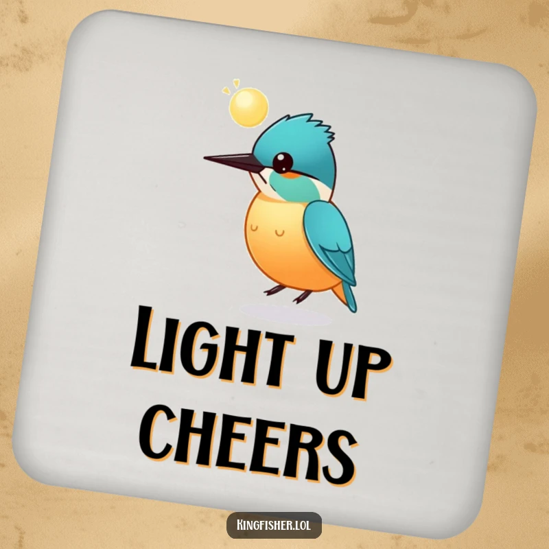 Funny round kingfisher drink coasters, a bird bouncing a glowing sphere on its head, protecting surfaces with magic.