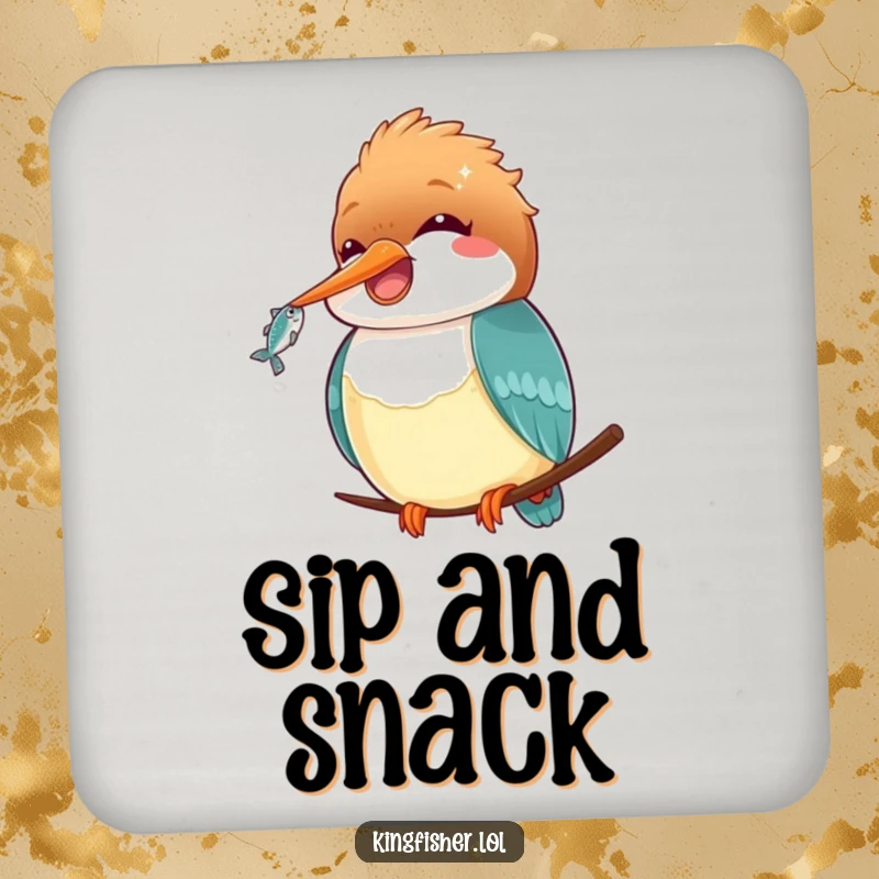 Funny Kawaii Kingfisher Coaster: An adorable kingfisher holding a fish, serving as a funny and functional drink coaster.