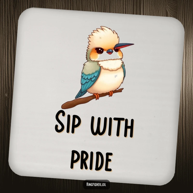 Funny Proud Kingfisher Coaster: A fluffy kingfisher bird humorously puffing its chest proudly on a surface protector.