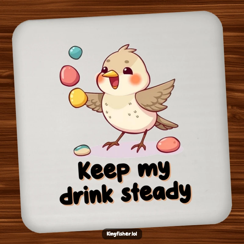 Skillful Juggling Bird Coasters: A set featuring a small bird juggling colorful pebbles with its beak.