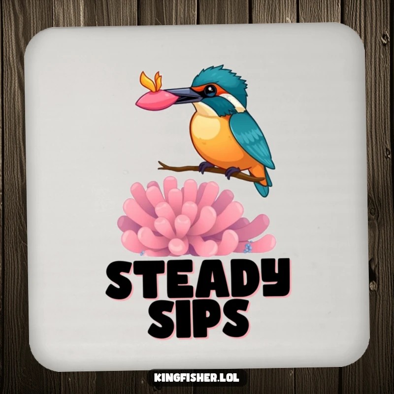 Funny kingfisher drink coasters, bird artistically balancing a vibrant anemone on its beak, protecting surfaces with art.