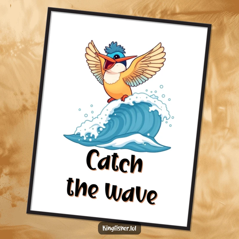 Funny Kingfisher Poster: A kingfisher artistically rides a cresting wave with wings outspread, exuding pure fun.