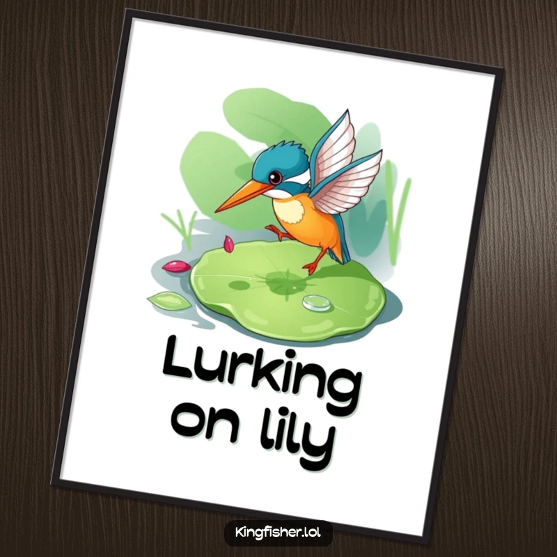 Funny kingfisher character poster, playfully bouncing on a lily pad, searching for prey with focus.