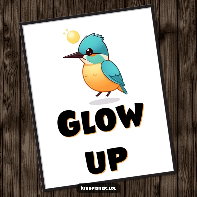 Funny round kingfisher poster, a plump bird bouncing a luminous glowing sphere on its head, whimsical and enchanting wall art.