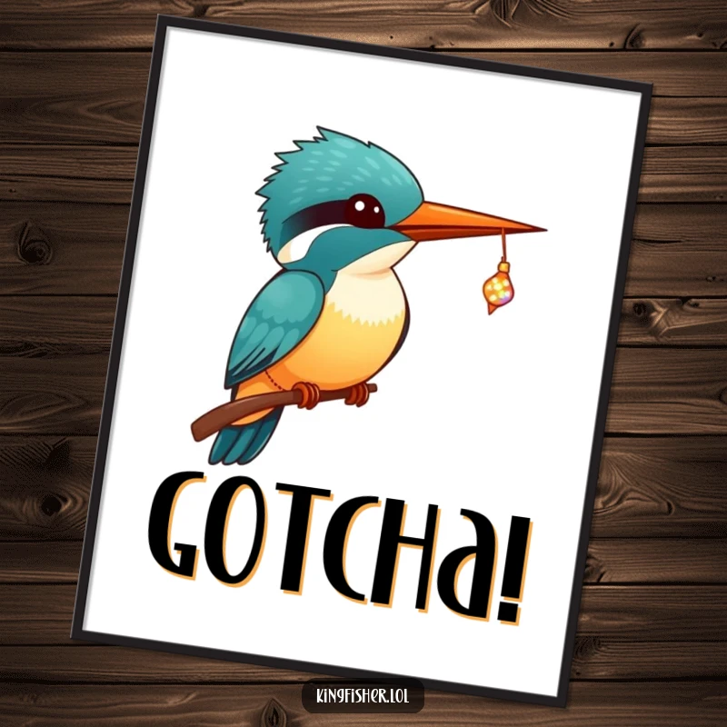 Funny Kingfisher Poster showcasing a kawaii kingfisher with wide eyes, happily catching a sparkling, tiny fish in its beak.