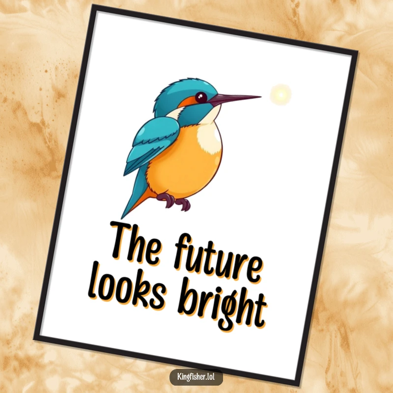 Inspiring Kingfisher Poster: A kingfisher excitedly directs its wing towards a distant, glowing light source.