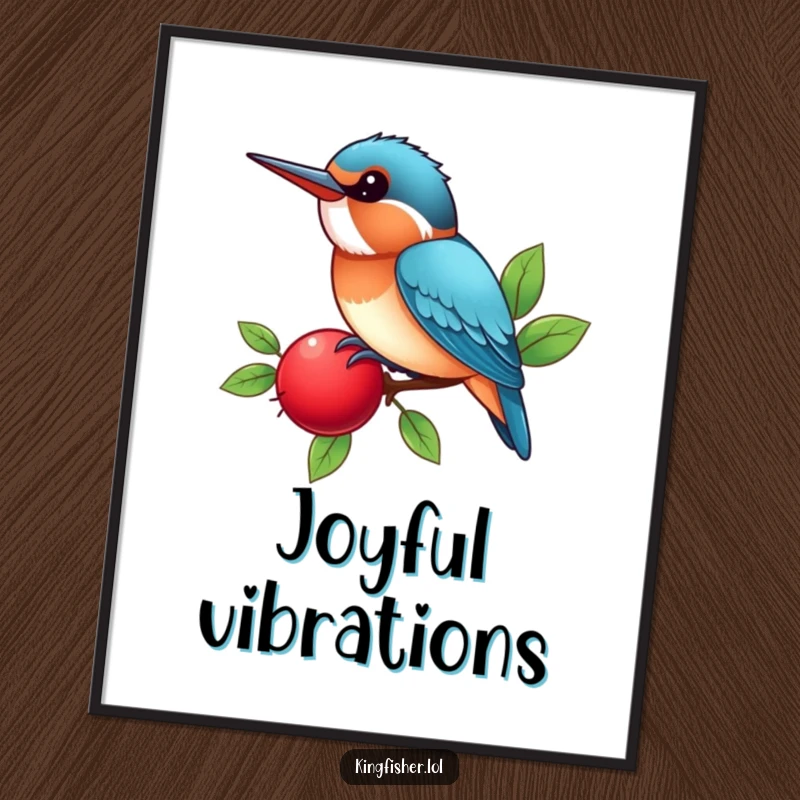 Funny Kingfisher Poster showing a kawaii bird happily perched on a bright red berry, chirping, perfect for joyful and humorous wall decor.