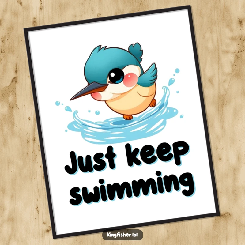 Funny Kingfisher Poster: An illustration of a tiny, cute kingfisher bird with big eyes diving headfirst into sparkling blue water.