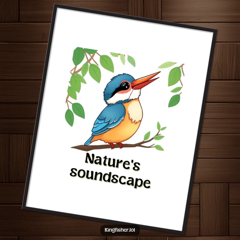 Funny kingfisher character poster, tilting its head with a smile, listening intently to forest sounds.