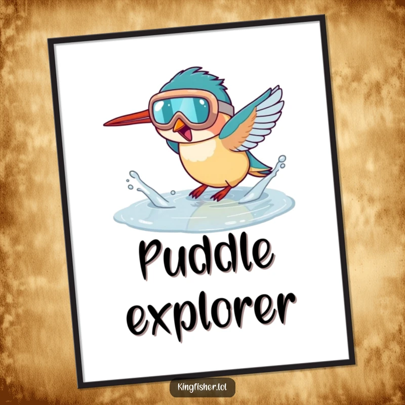 Funny kingfisher poster, bird wearing oversized goggles splashing energetically in a puddle, joyful and fun wall art.