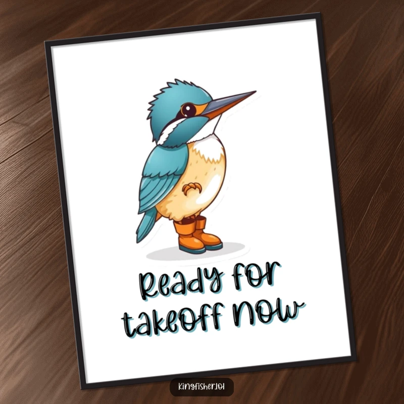 Funny kingfisher wearing boots, enthusiastically tapping its foot, as humorous wall art on a poster, full of life.