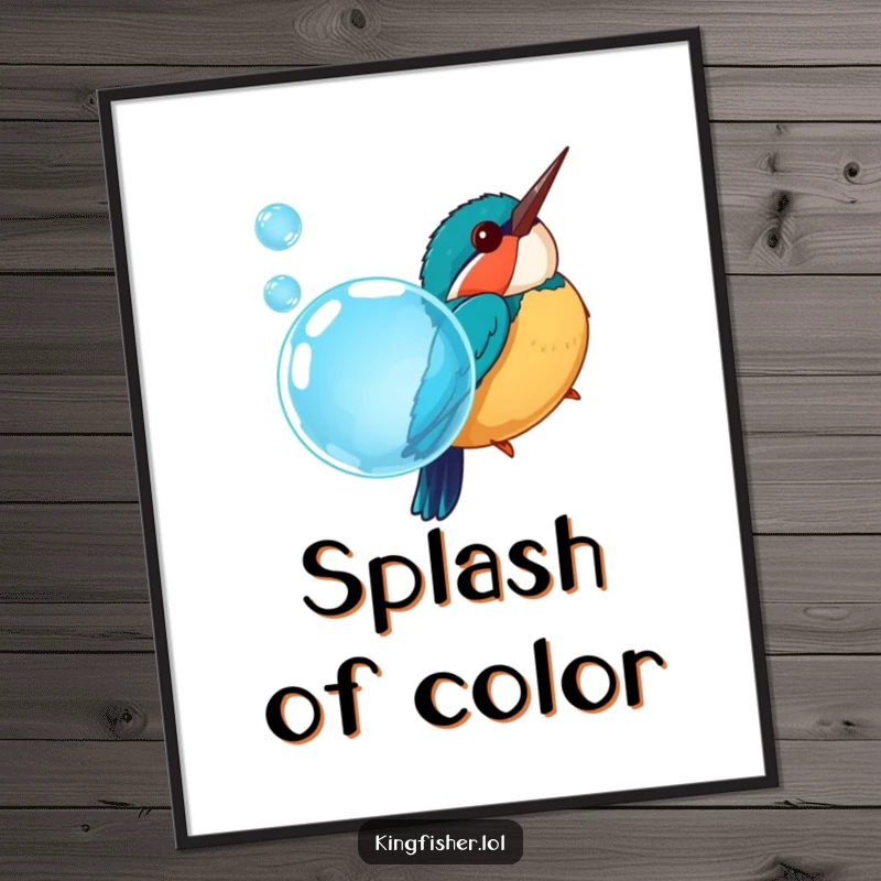 Funny poster art of a cheerful, chubby kingfisher bird diving into a large, sparkling blue bubble, capturing a whimsical moment.