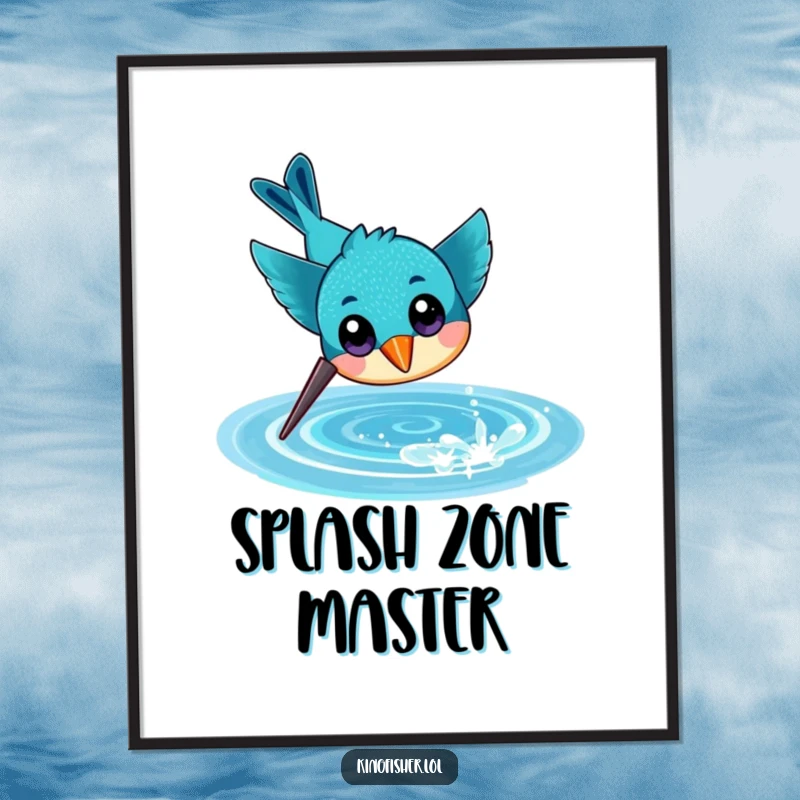 Funny poster of a cheerful kingfisher with large eyes, diving headfirst towards a shimmering, sparkling water surface.