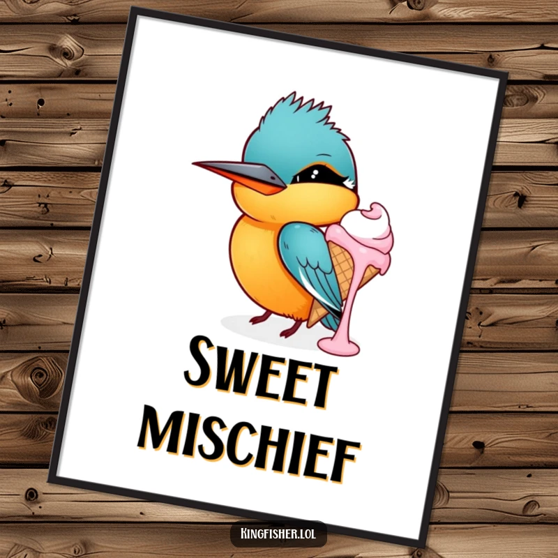 Funny kingfisher poster, a bird winking with a mischievous grin holding a dripping ice cream cone, humorous wall art.