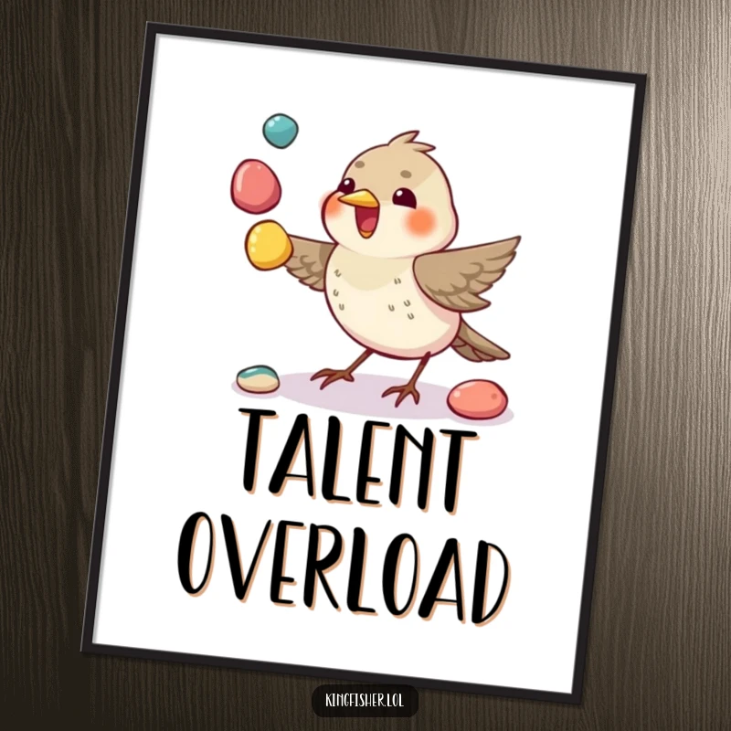 Whimsical Juggling Bird Poster: A small bird is depicted skillfully juggling three colorful pebbles with its beak.