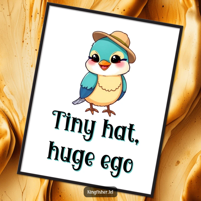 Funny illustration of a tiny kingfisher bird with a silly grin wearing a minuscule fishing hat, suitable for wall art, a funny gift.