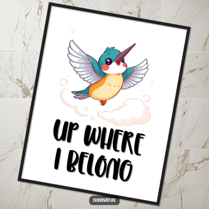 Funny Kingfisher Poster: A cheerful kingfisher bird with flapping wings soars joyfully through a wispy cloud, uplifting art.