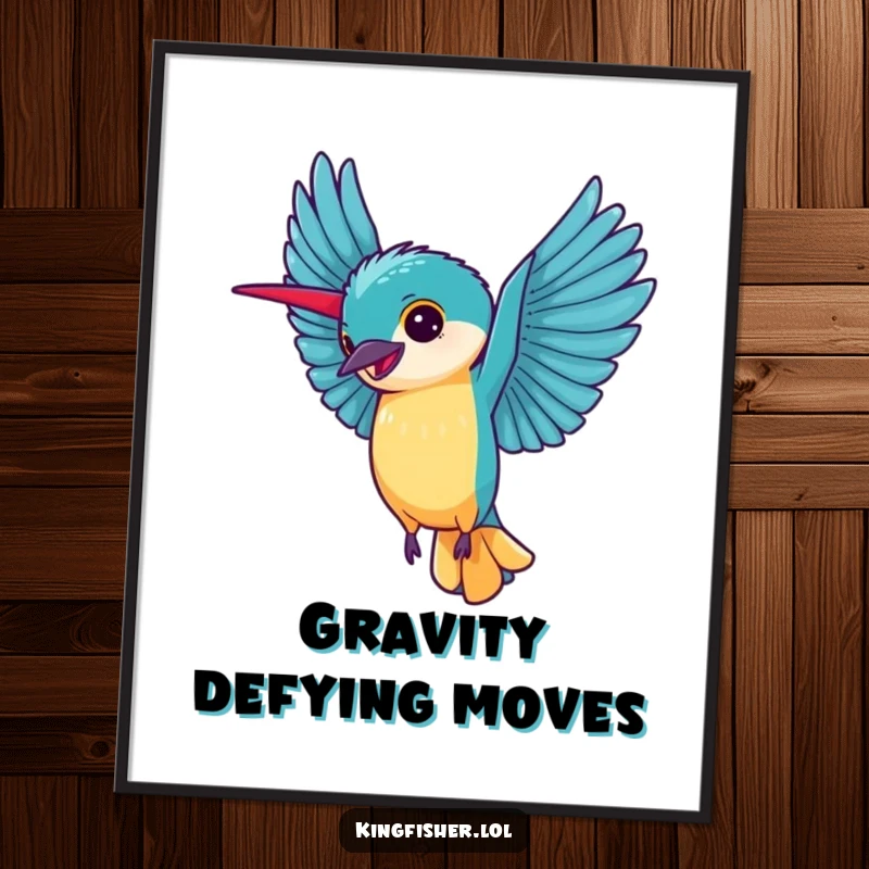 Vibrant Kingfisher Cartwheel Poster: A happy kingfisher is depicted mid-cartwheel with wings fully extended.