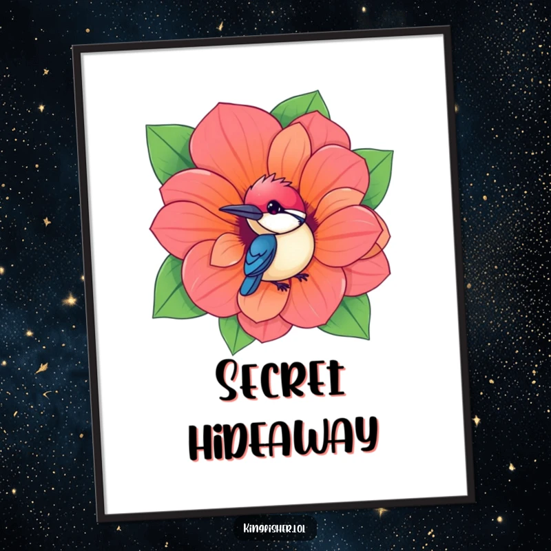 Funny Kingfisher Poster showing a kawaii bird peeking from a giant, vibrant flower, perfect for cheerful and humorous wall decor.