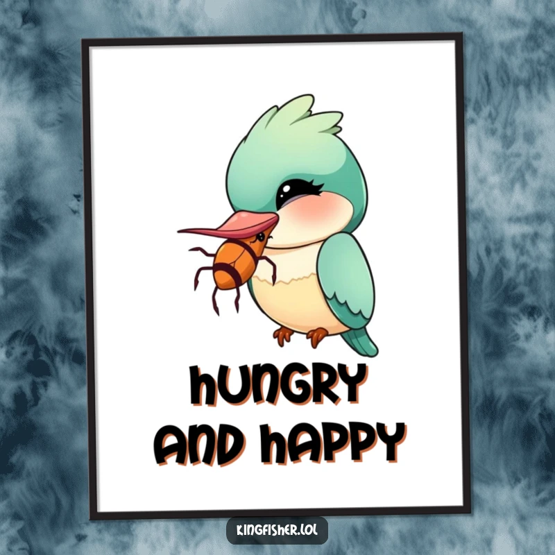 Funny Kingfisher Poster showing a kawaii bird winking playfully with a comically oversized insect, perfect for humorous wall decor.