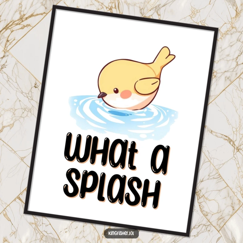 Funny Bird Dive Poster: A round bird is captured mid-dive towards shimmering blue water. A funny piece of art.