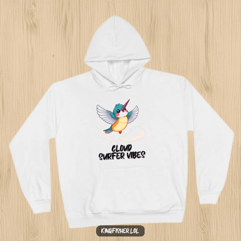 Funny Kingfisher Hoodie: A cheerful kingfisher bird with flapping wings soars joyfully through a wispy cloud, pure comfort.