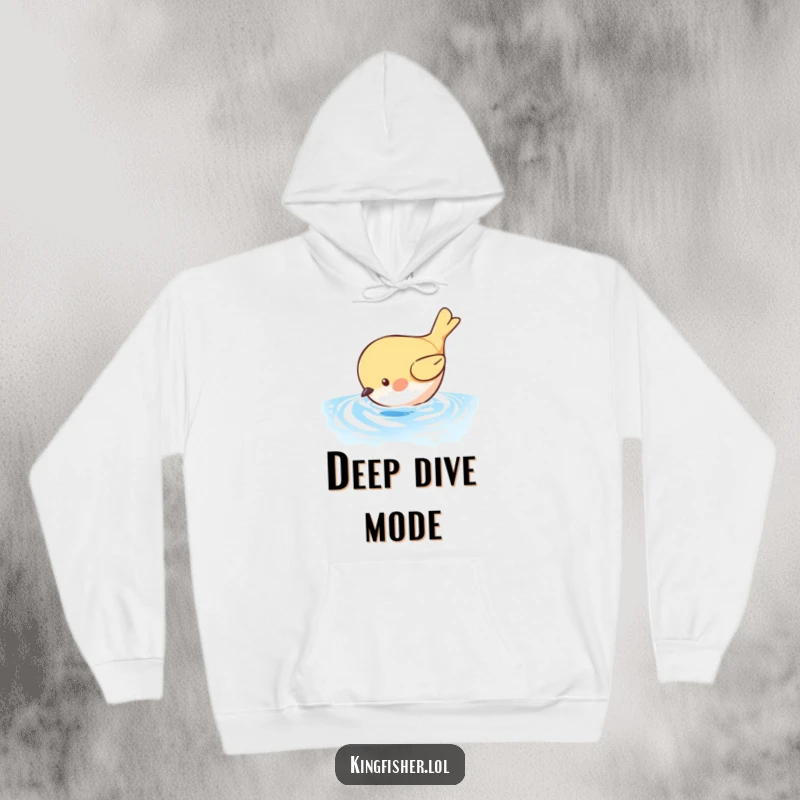 Funny Bird Dive Hoodie: A small, round bird bravely dives towards shimmering blue water. Cozy and funny clothing.