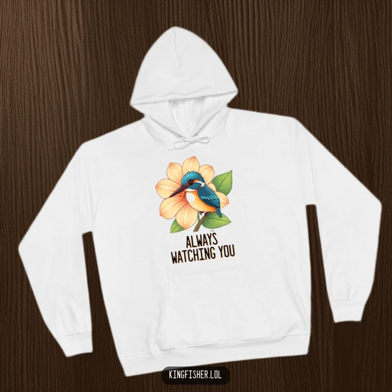 Funny Kingfisher Hoodie showing a curious kingfisher peeking out from behind a large, richly colored, vibrant flower.