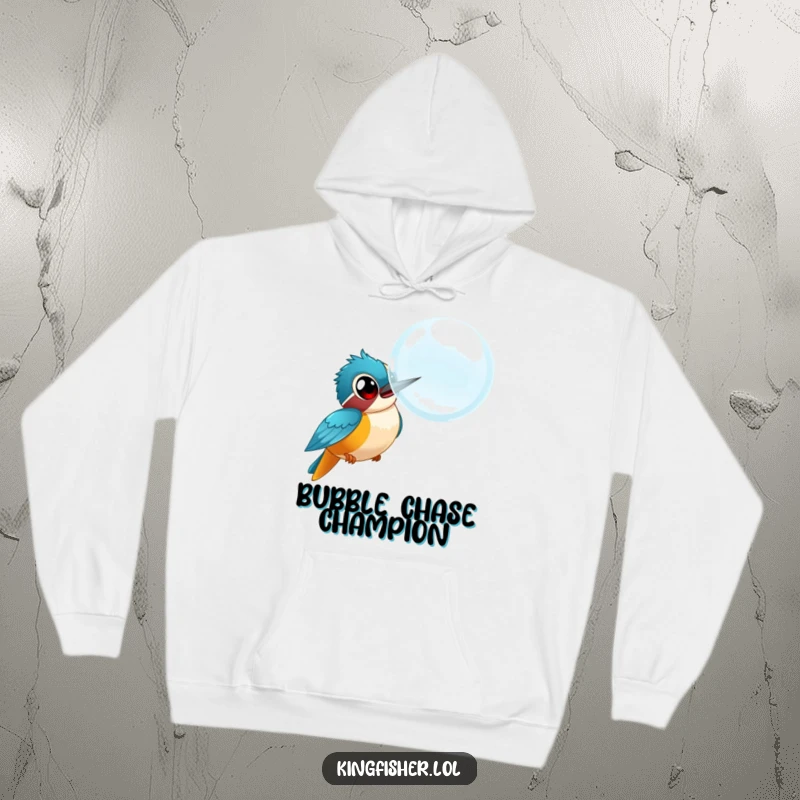 Funny kingfisher hoodie, bird with wide eyes chasing a comical large bubble, soft and warm apparel, humorous design.