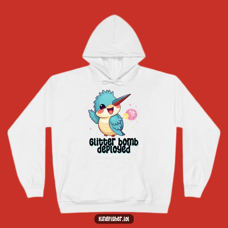 Cozy Funny Kingfisher Glitter Bomb Hoodie: Warm Up with Kawaii Bird's Hilarious Sparkle!