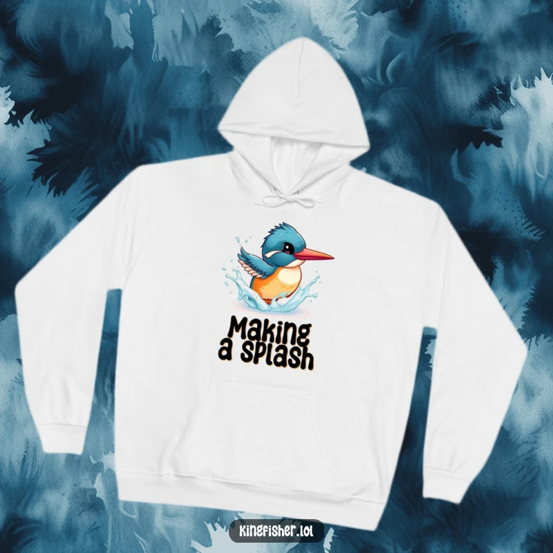 Funny Kingfisher Hoodie: An energetic bird playfully splashing water with its beak, designed for cozy smiles and laughs.